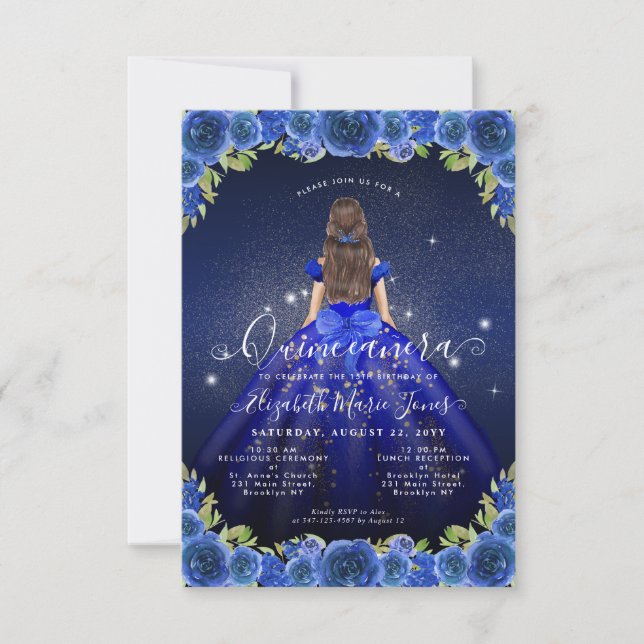 Budget Floral Royal Blue Gold Princess Quinceanera Note Card (Front)