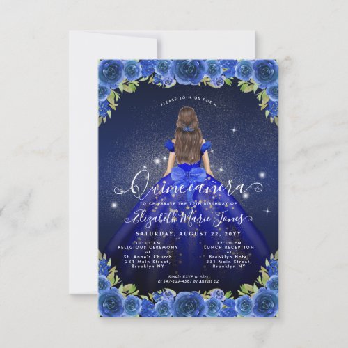 Budget Floral Royal Blue Gold Princess Quinceanera Note Card