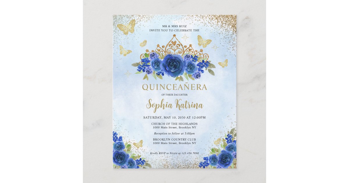 Budget Floral Royal Blue Gold Tiara Quinceañera Zazzle 