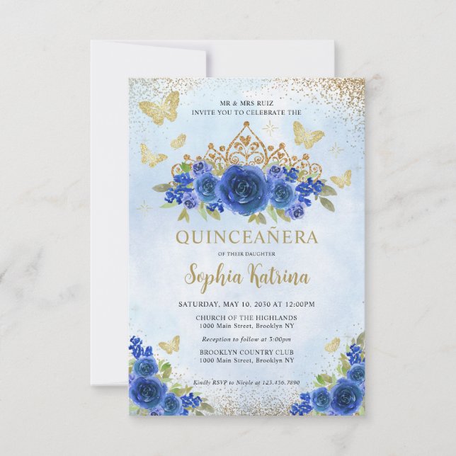Budget Floral Royal Blue Gold Tiara Quinceañera Note Card (Front)