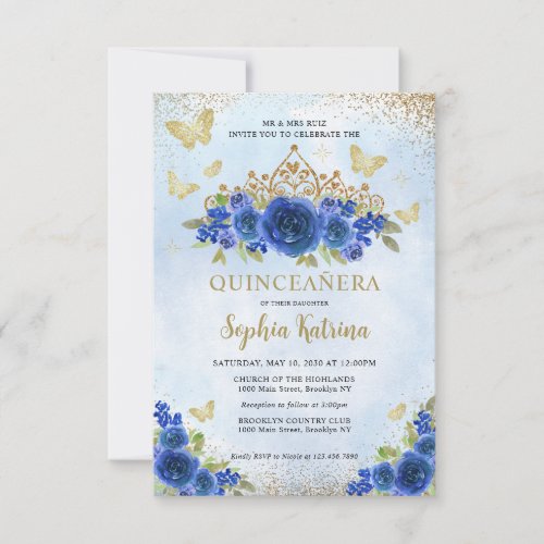 Budget Floral Royal Blue Gold Tiara Quinceaera Note Card