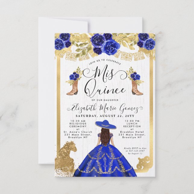 Budget Floral Royal Blue Latina Charra Quinceanera Note Card (Front)