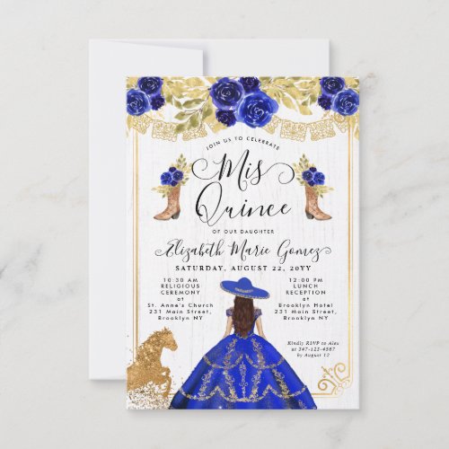 Budget Floral Royal Blue Latina Charra Quinceanera Note Card