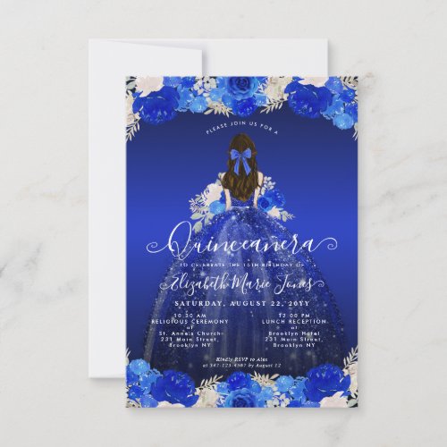 Budget Floral Royal Blue Princess Glam Quinceanera Note Card