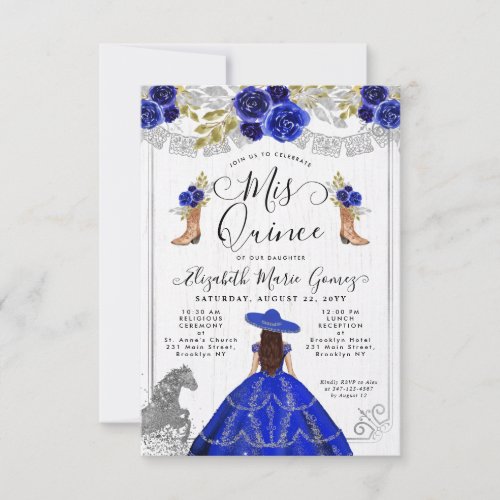 Budget Floral Royal Blue Silver Charra Quinceanera Note Card