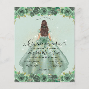 Budget Floral Sage Green Gold Princess Quinceanera