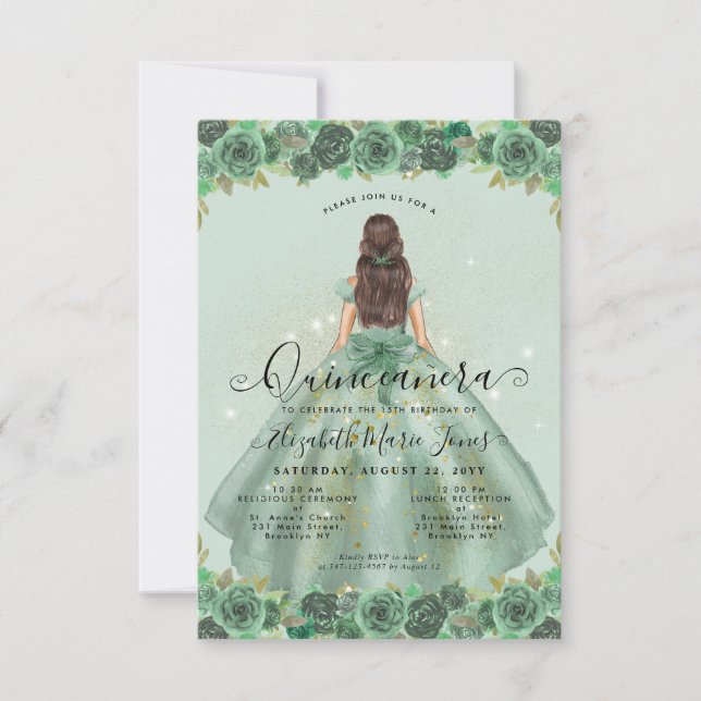 Budget Floral Sage Green Gold Princess Quinceanera Note Card (Front)