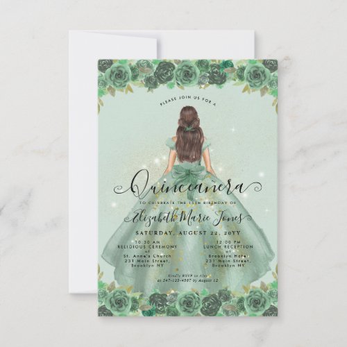 Budget Floral Sage Green Gold Princess Quinceanera Note Card