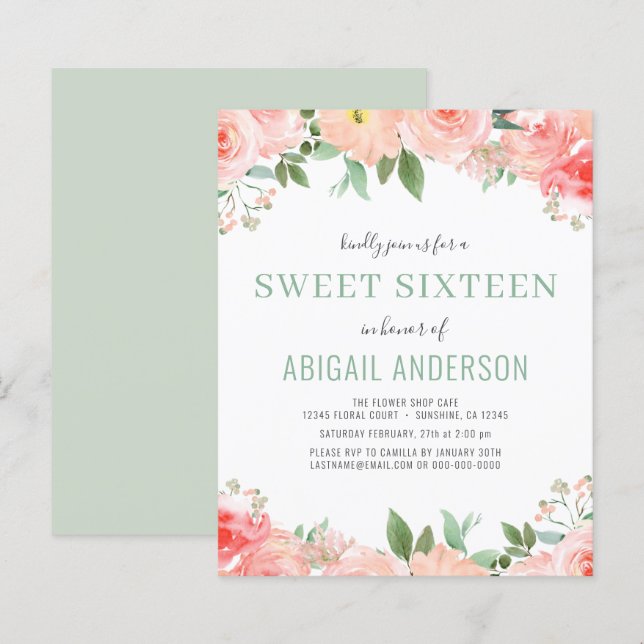 Budget Floral  Sage Sweet 16 Birthday Invitation (Front/Back)
