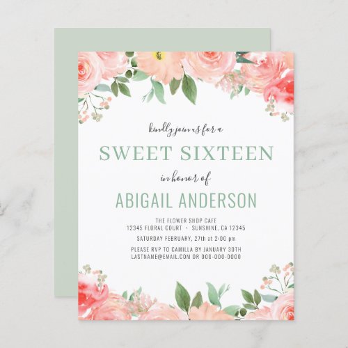 Budget Floral  Sage Sweet 16 Birthday Invitation