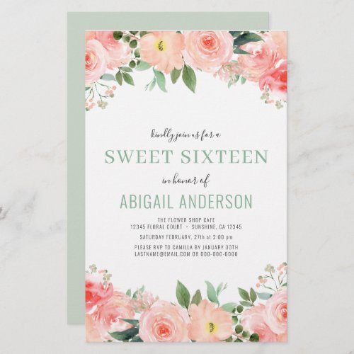 Budget Floral  Sage Sweet 16 Birthday Invitation