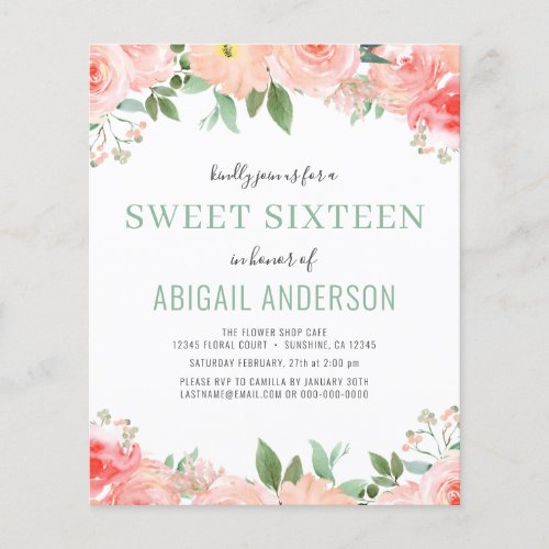 Budget Floral  Sage Sweet 16 Birthday Invitation Flyer