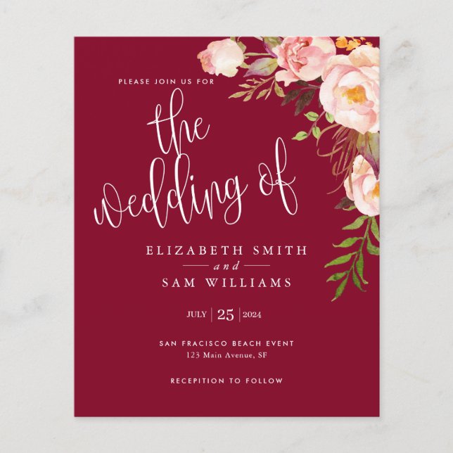 Budget Floral Simple Burgundy Wedding Invitation Flyer (Front)
