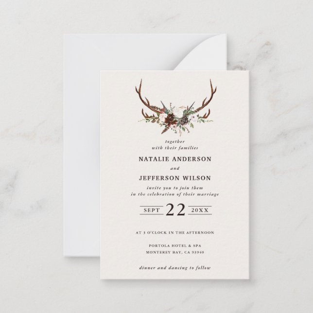 budget floral stag burgundy wedding save the date note card (Front)