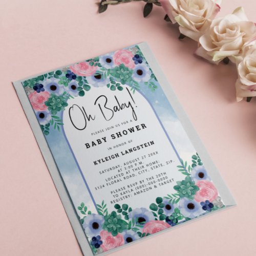 Budget Floral Succulent Watercolor Baby Shower Invitation