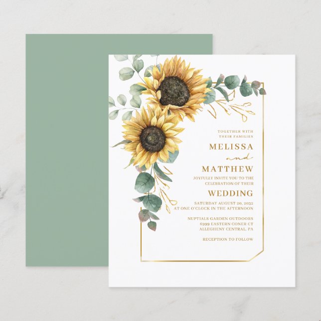 Budget Floral Sunflower Eucalyptus Wedding Invite (Front/Back)