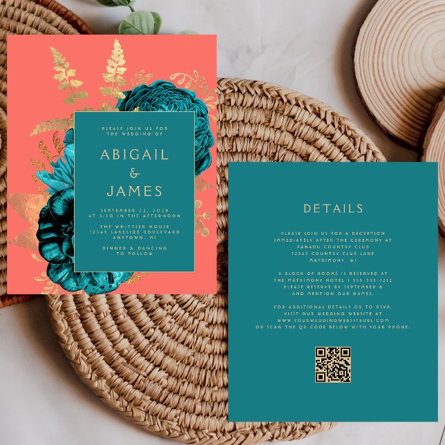 Budget Floral Teal Gold Coral QR Code Wedding (Creator Uploaded)