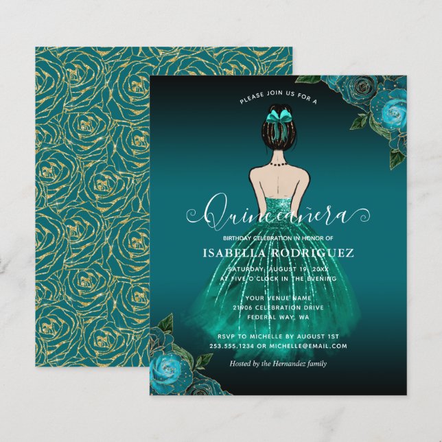 Budget Floral Teal Princess Gold Quinceañera (Front/Back)