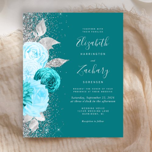 Budget Floral Turquoise Silver Glitter Wedding