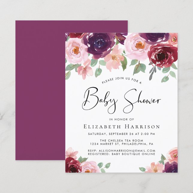 Budget Floral Watercolor Baby Shower Invitation (Front/Back)