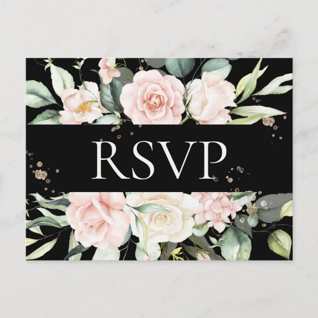 Budget Floral Watercolor Black Wedding RSVP Postcard (Front)