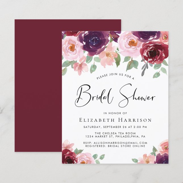 Budget Floral Watercolor Bridal Shower Invitation (Front/Back)
