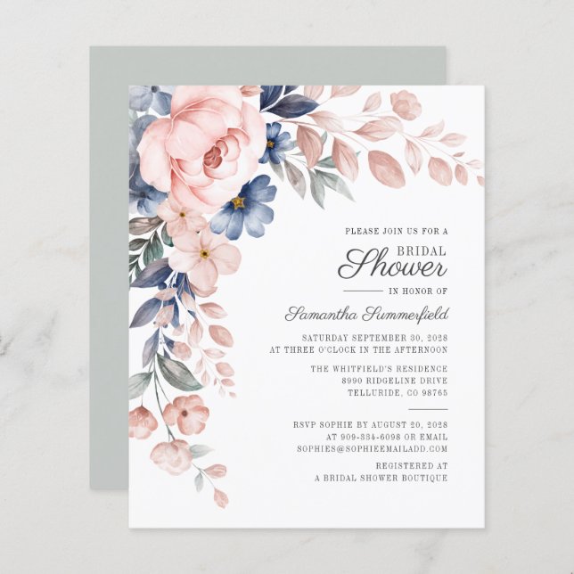 Budget Floral Watercolor Bridal Shower Invitation (Front/Back)