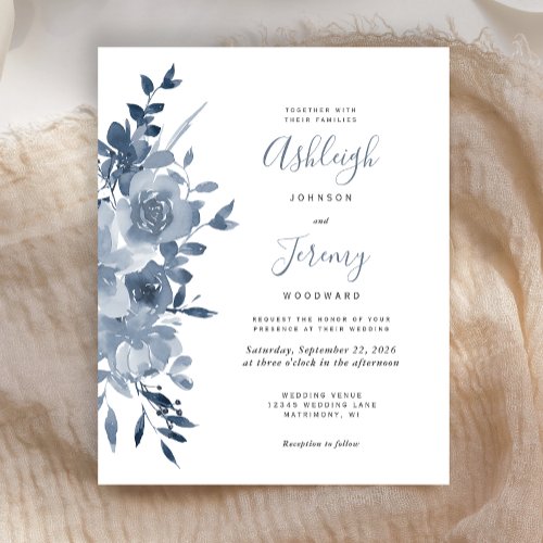 Budget Floral Watercolor Dusty Blue Wedding Invite