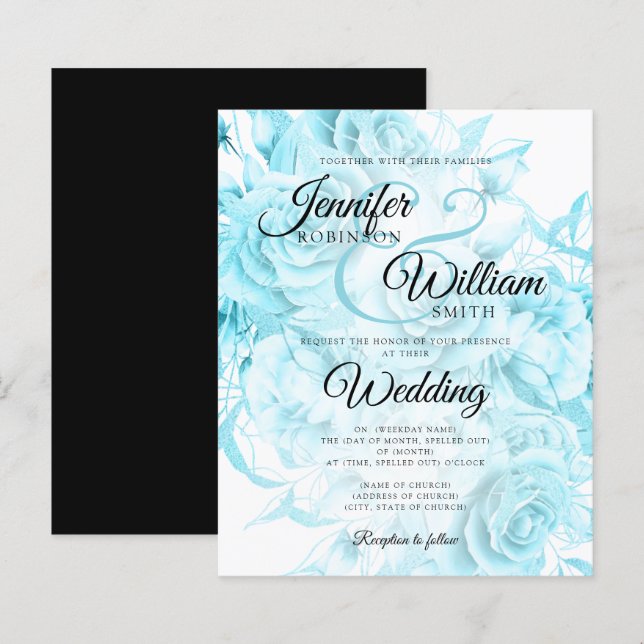 Budget Floral Wedding Invitation Black & Teal  (Front/Back)