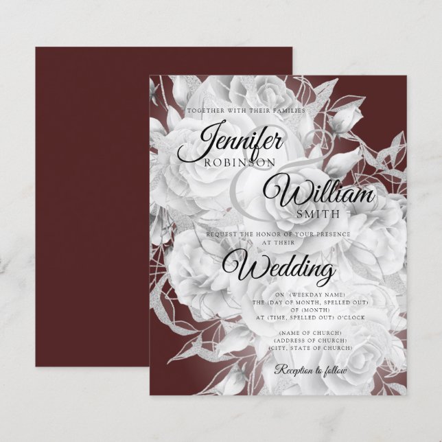 Budget Floral Wedding Invitation Silver & Burgundy (Front/Back)