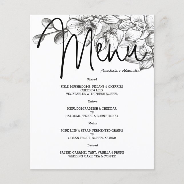 Budget Floral WEDDING MENU. Flyer (Front)