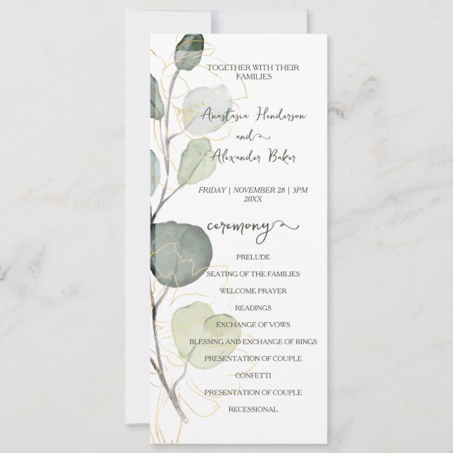 Budget Floral Wedding Program card. (Front)