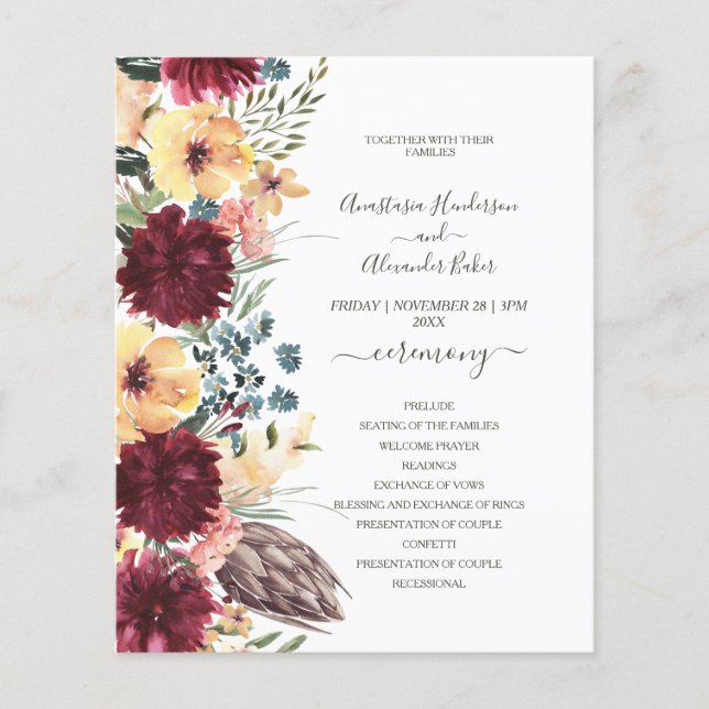 Budget Floral Wedding Program card. Flyer (Front)