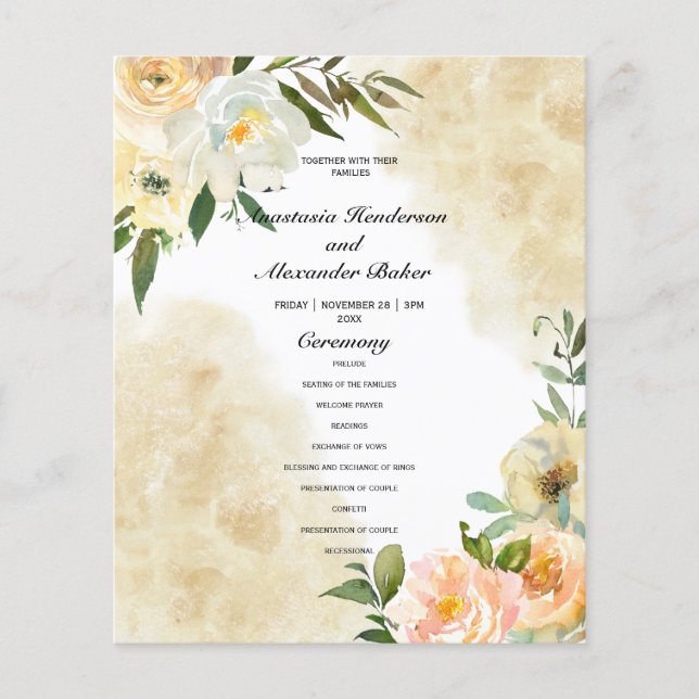 Budget floral Wedding Program card. Flyer (Front)