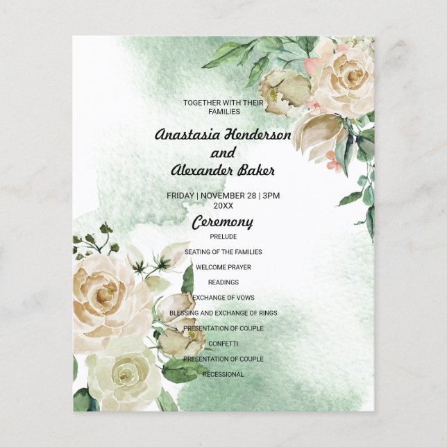 Budget floral Wedding Program card. Flyer (Front)