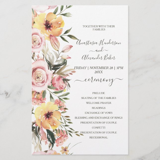 Budget Floral Wedding Program card. Flyer (Front)