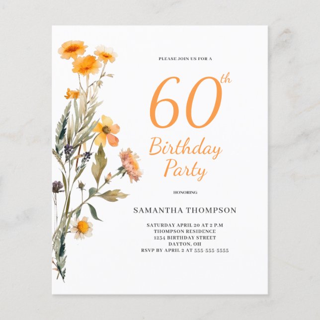 Budget Floral Wildflower 60th Birthday Invitation Flyer (Front)