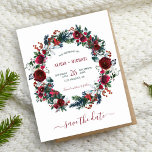 BUDGET floral winter Christmas wedding save date<br><div class="desc">Elegant modern script rustic Christmas wedding stylish affordable save the date template featuring a watercolor wreath of red burgundy peony roses, seasonal hunter green pine boughs, fir branches, red berries, and greenery foliage. Fill in your information in the spots. You can choose to customize it further changing fonts and colors...</div>