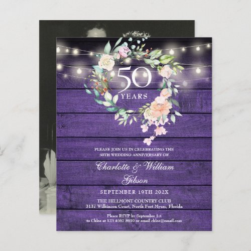 Budget Floral Wood 50th Anniversary Photo Invite