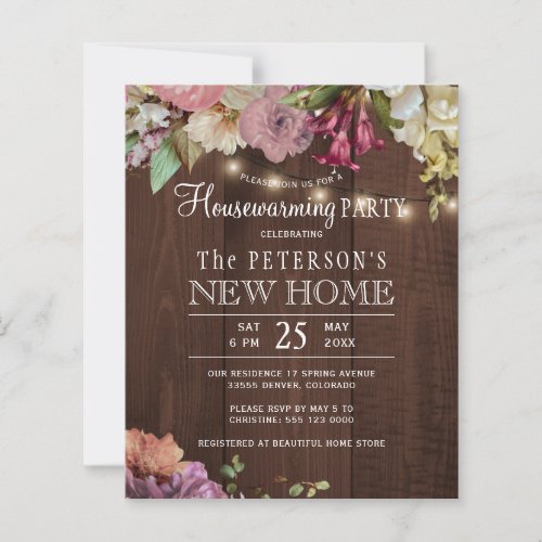 Budget floral wood housewarming party invitation