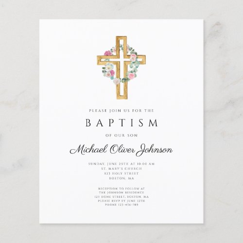 Budget Floral Wreath Cross Baptism Invitation