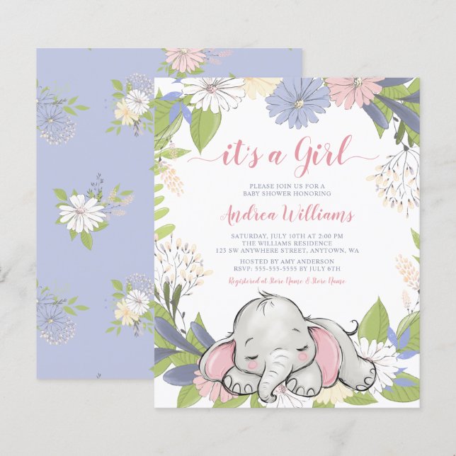 Budget Floral Wreath Elephant Girl Baby Shower (Front/Back)