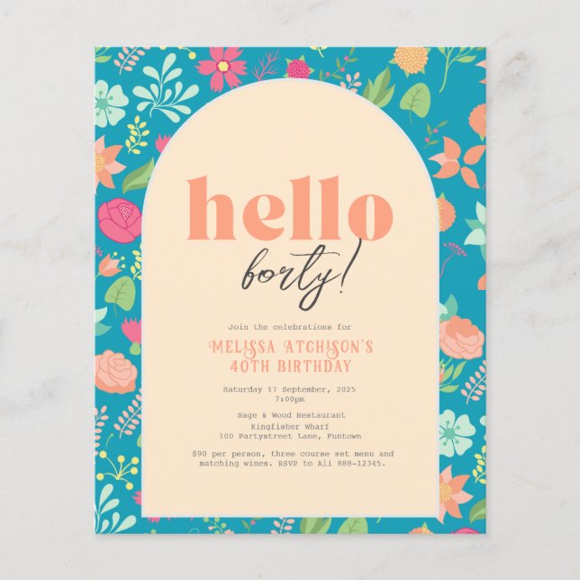 Budget florals on bright blue (any age) Invitation Flyer (Front)
