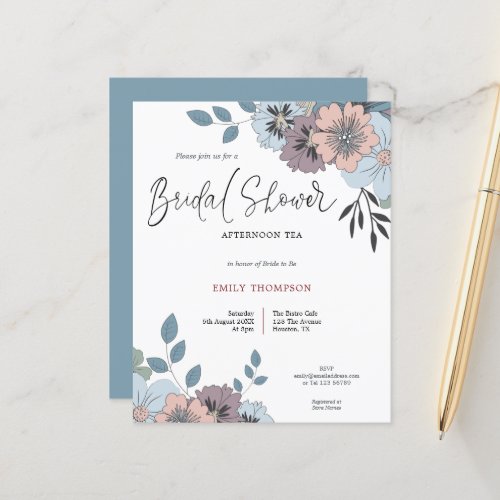 Budget Florals Script Bridal Shower Tea Invitation