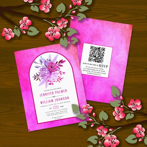 BUDGET Flowers QR code magenta wedding invitation