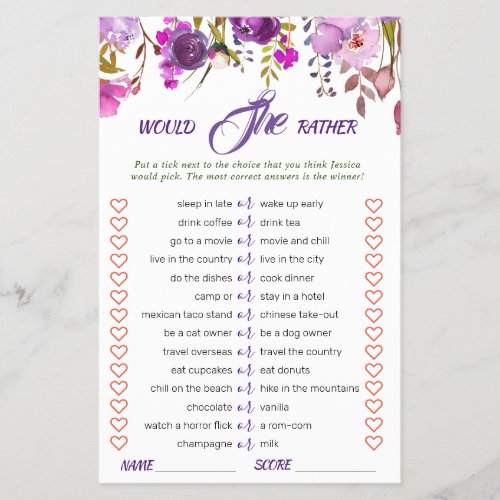 Budget FLYER PAPE Violet Peony  Bridal Shower Game