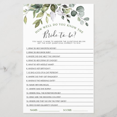 Budget FLYER PAPER Eucalyptus Bridal Shower Game