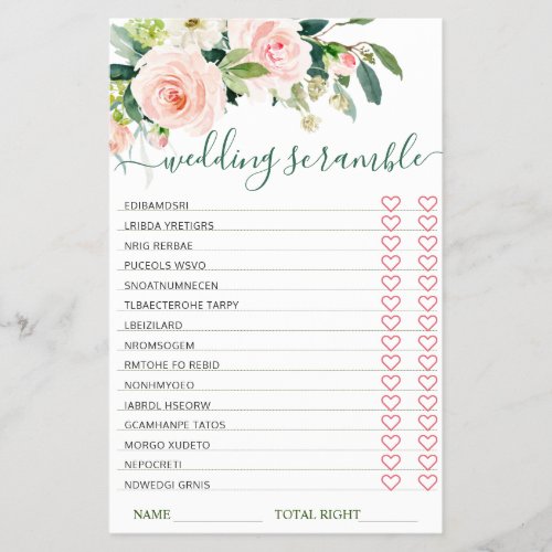 Budget FLYER PAPER Pink Blush Bridal Scramble Game