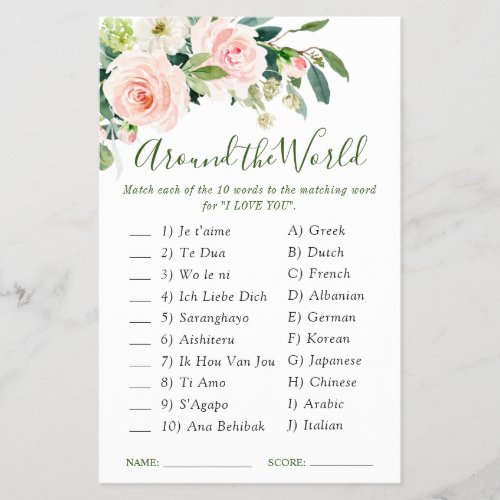 Budget FLYER PAPER Pink Blush Greenery Bridal Game