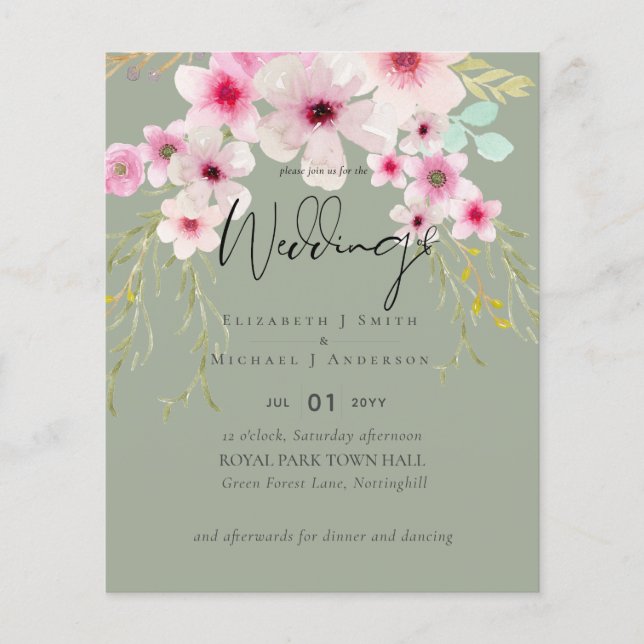 BUDGET Flyer Paper Sage Pink Floral Wedding (Front)